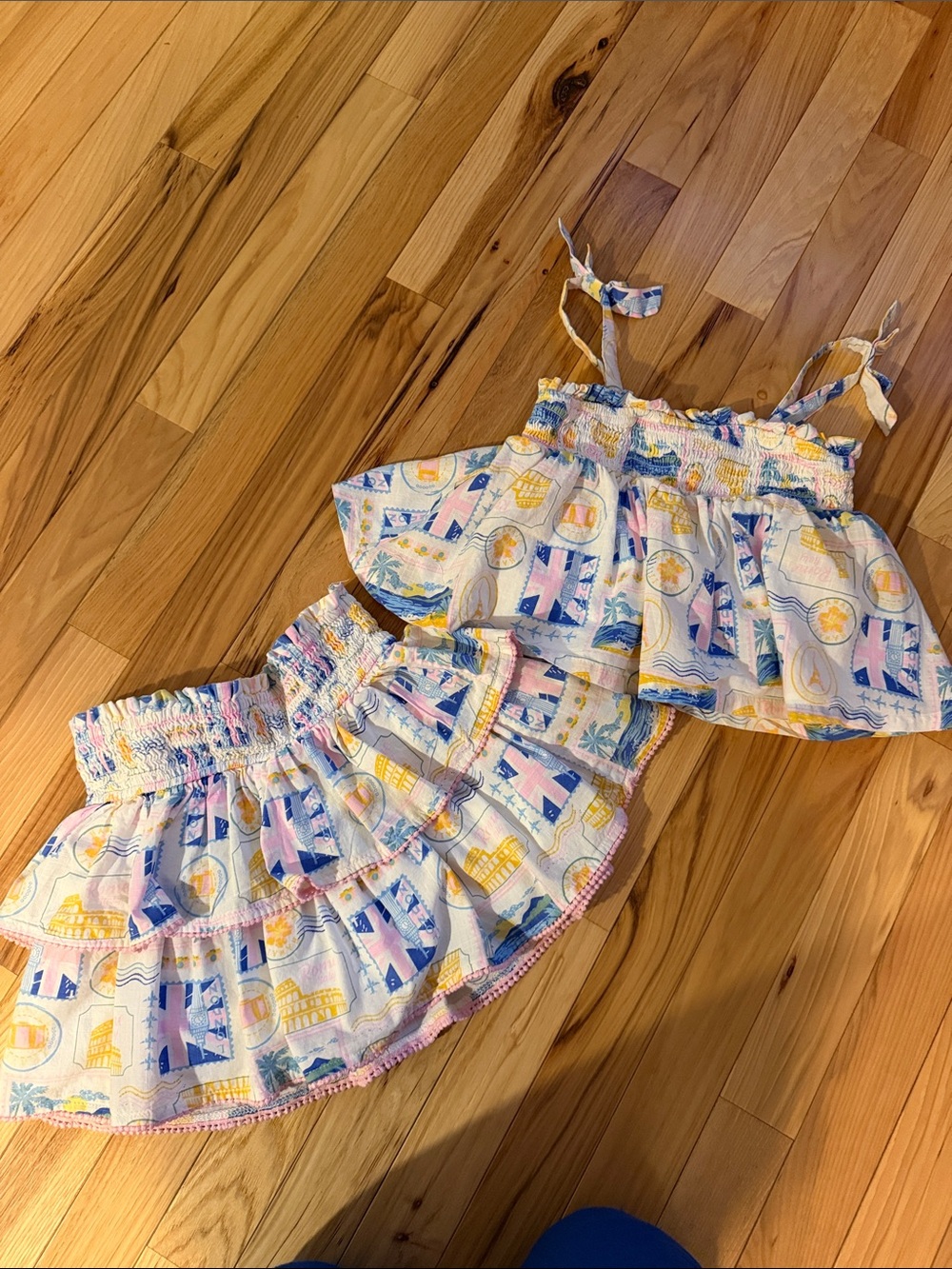 Haute Hippie Girls White Top and Skirt Set with Pastel Blue, Pink & Yellow Print